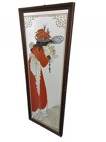 Specchio in stile Liberty con Dama e cornice in legno, anni '50