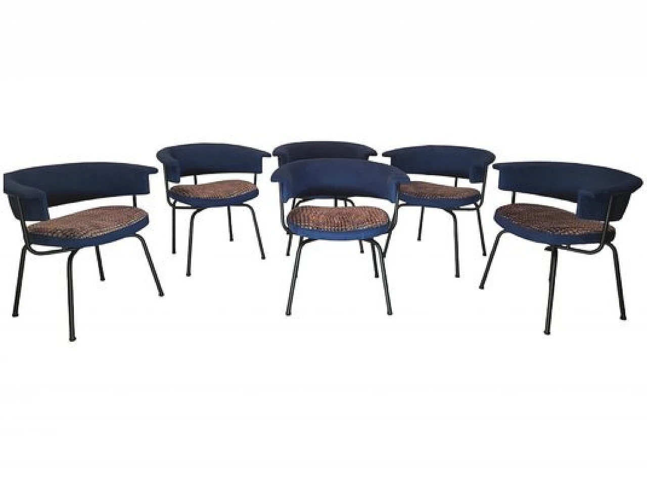 6 Chairs in blue velvet & steel by Olli Mannermaa for Cassina, 1950s 1