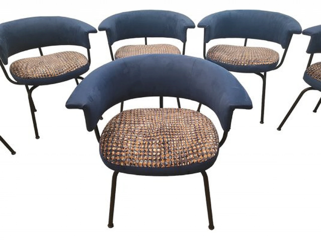 6 Chairs in blue velvet & steel by Olli Mannermaa for Cassina, 1950s 4