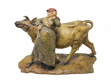 Guido Cacciapuoti, Contadina con vacca, statuetta in ceramica