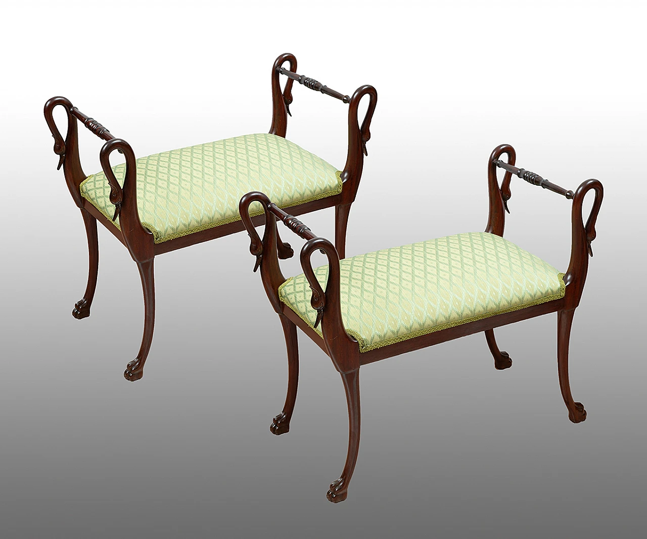 Pair of Empire mahogany and fabric benches, early 19th century 1