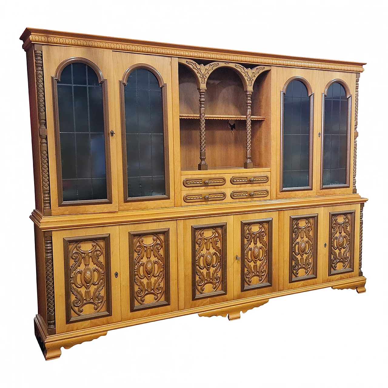 Blond walnut double-body bookcase with display case, 1970s 1