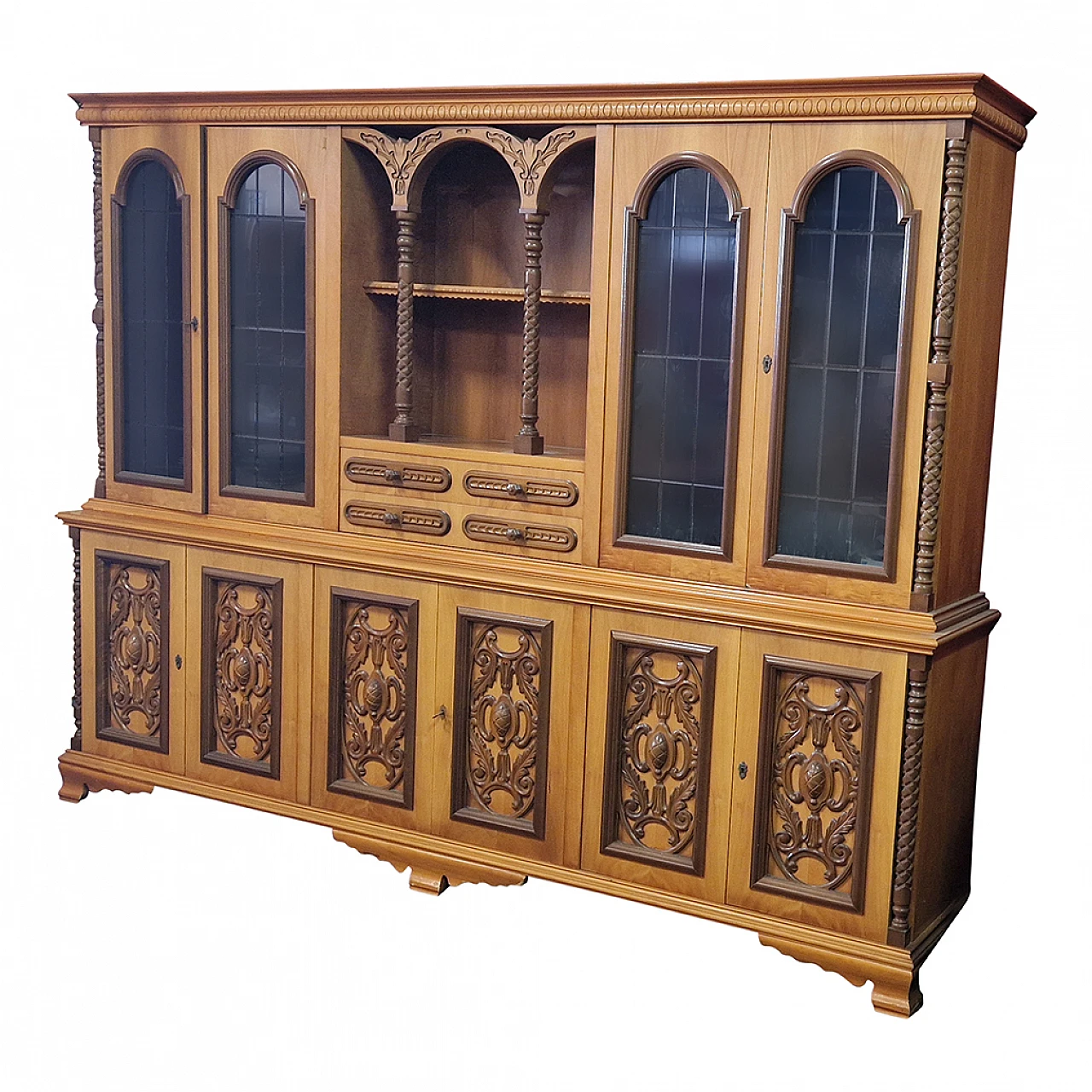 Blond walnut double-body bookcase with display case, 1970s 3