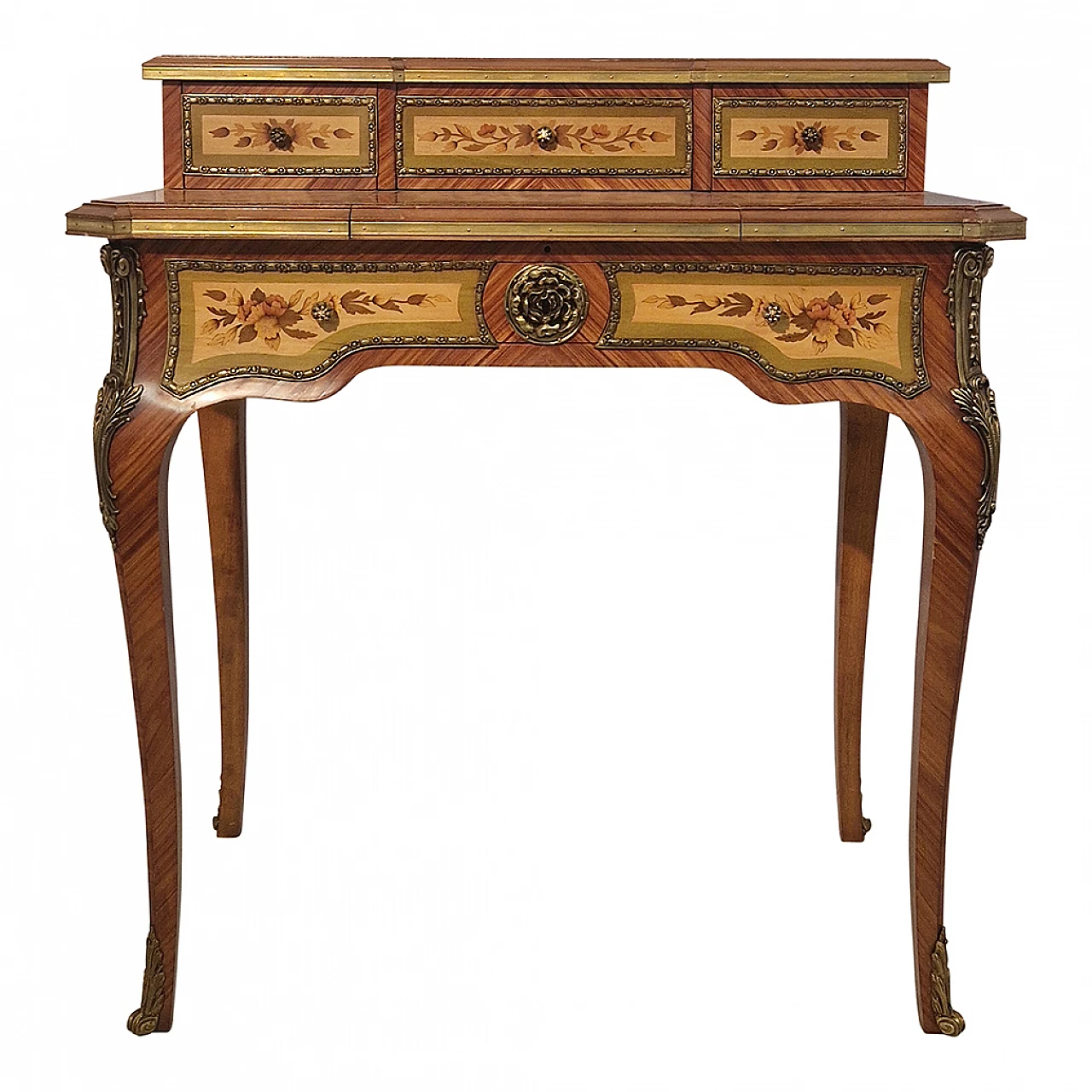 Louis XV style inlaid wood and bronze writing desk, 1960s 1