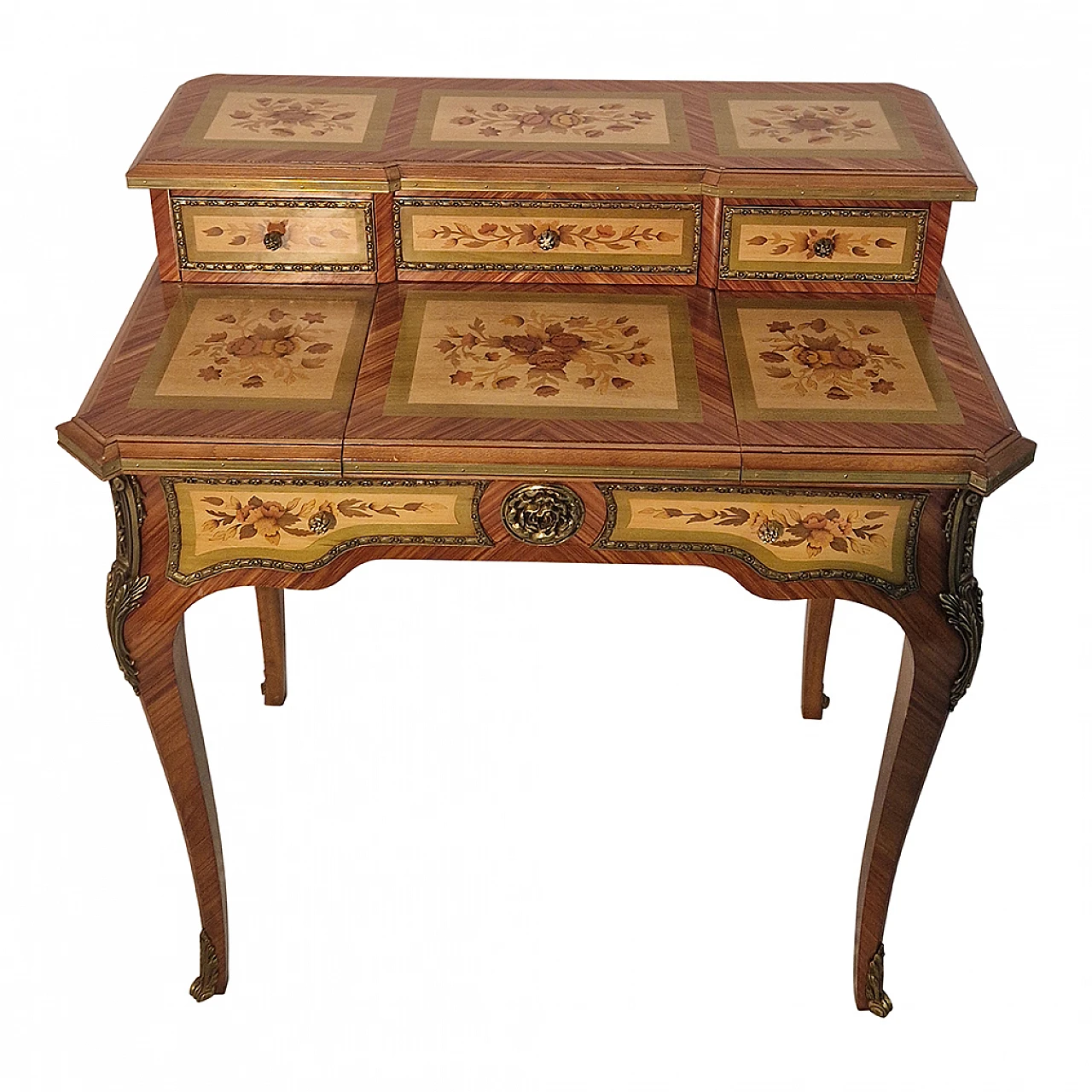 Louis XV style inlaid wood and bronze writing desk, 1960s 2