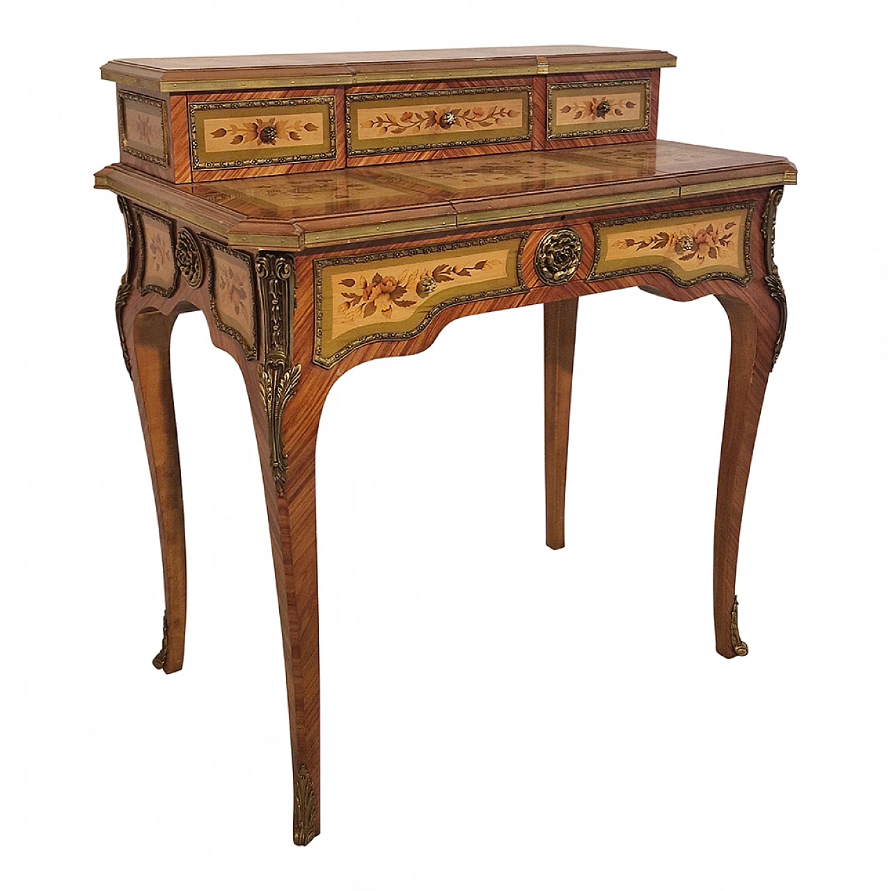 Louis XV style inlaid wood and bronze writing desk, 1960s 3