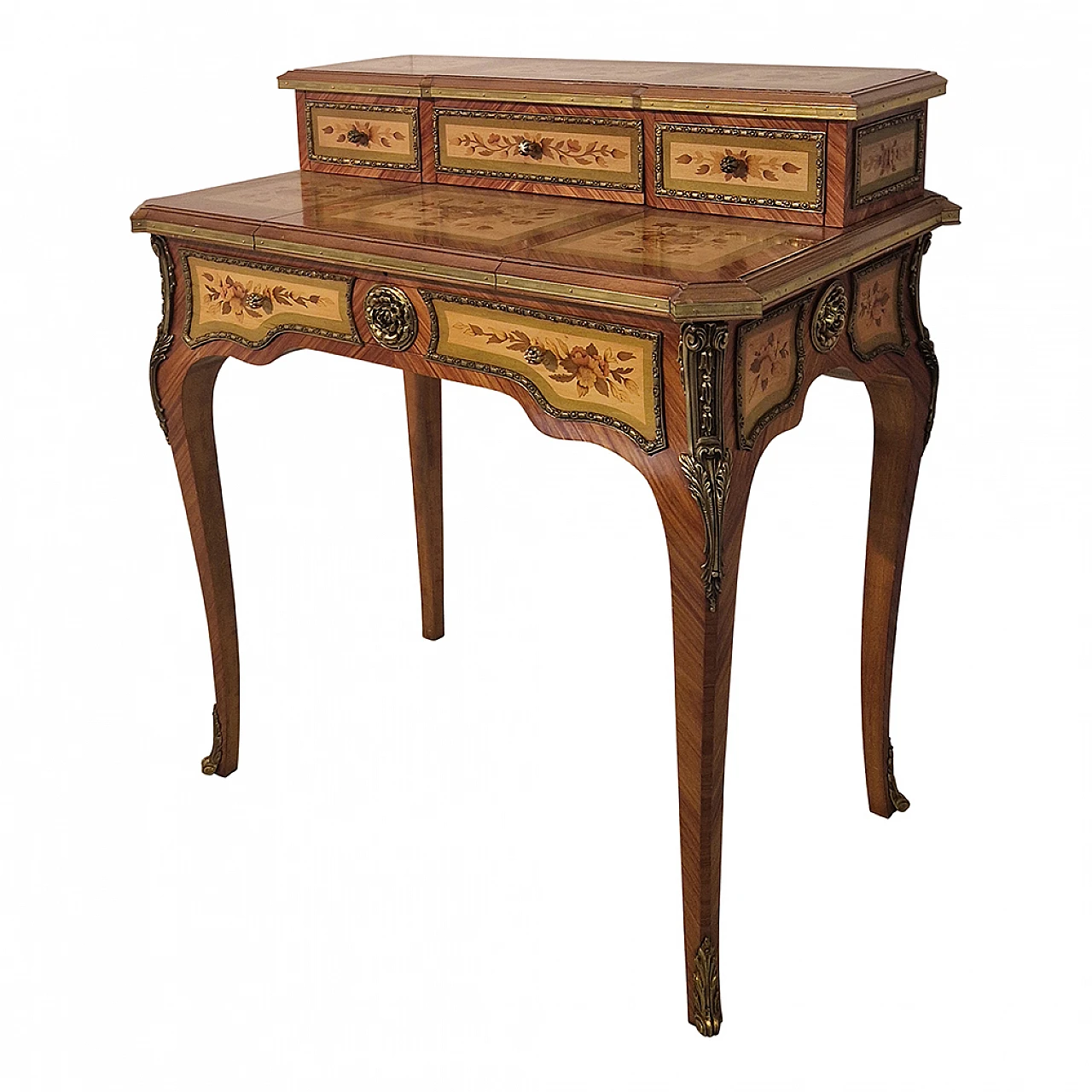 Louis XV style inlaid wood and bronze writing desk, 1960s 4