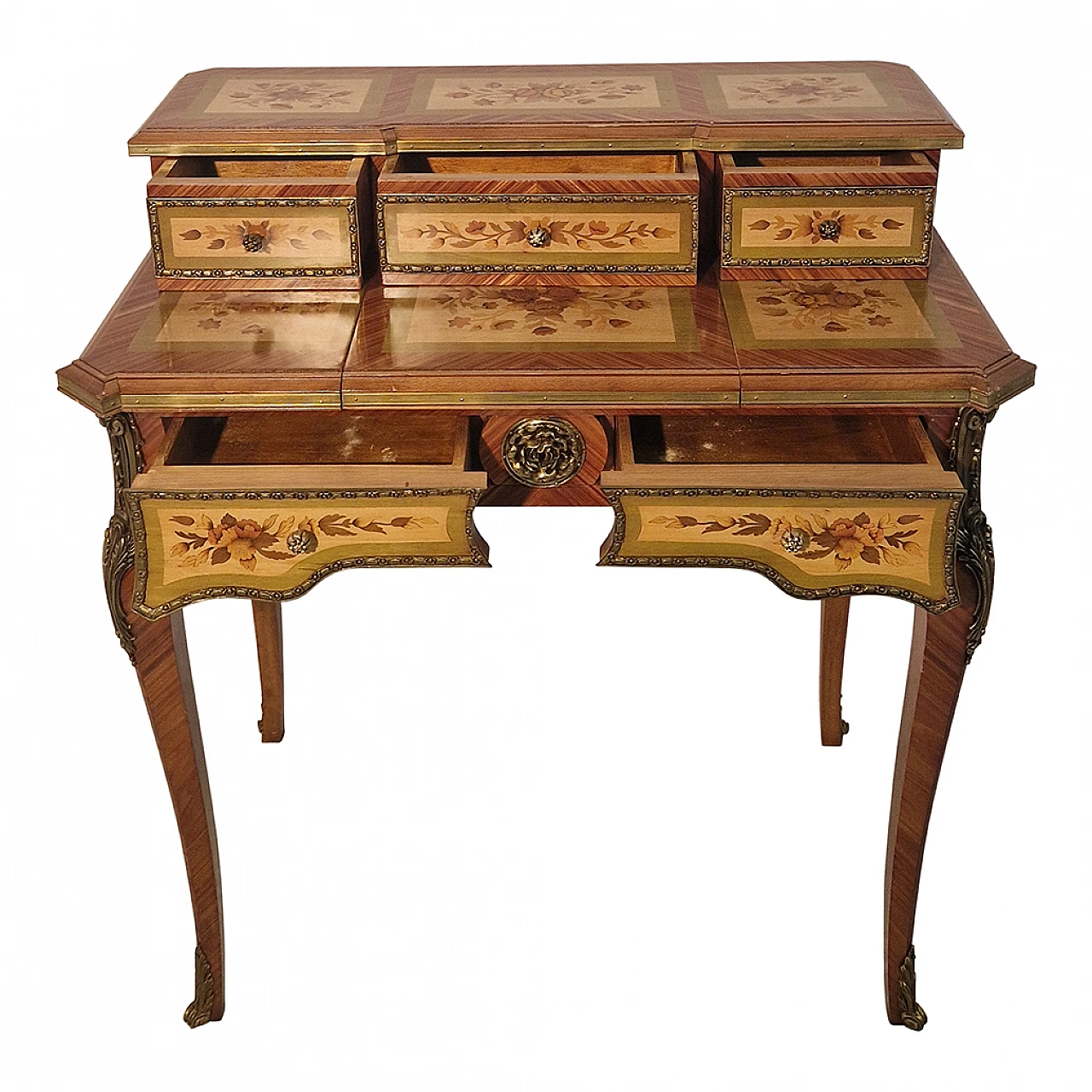 Louis XV style inlaid wood and bronze writing desk, 1960s 5