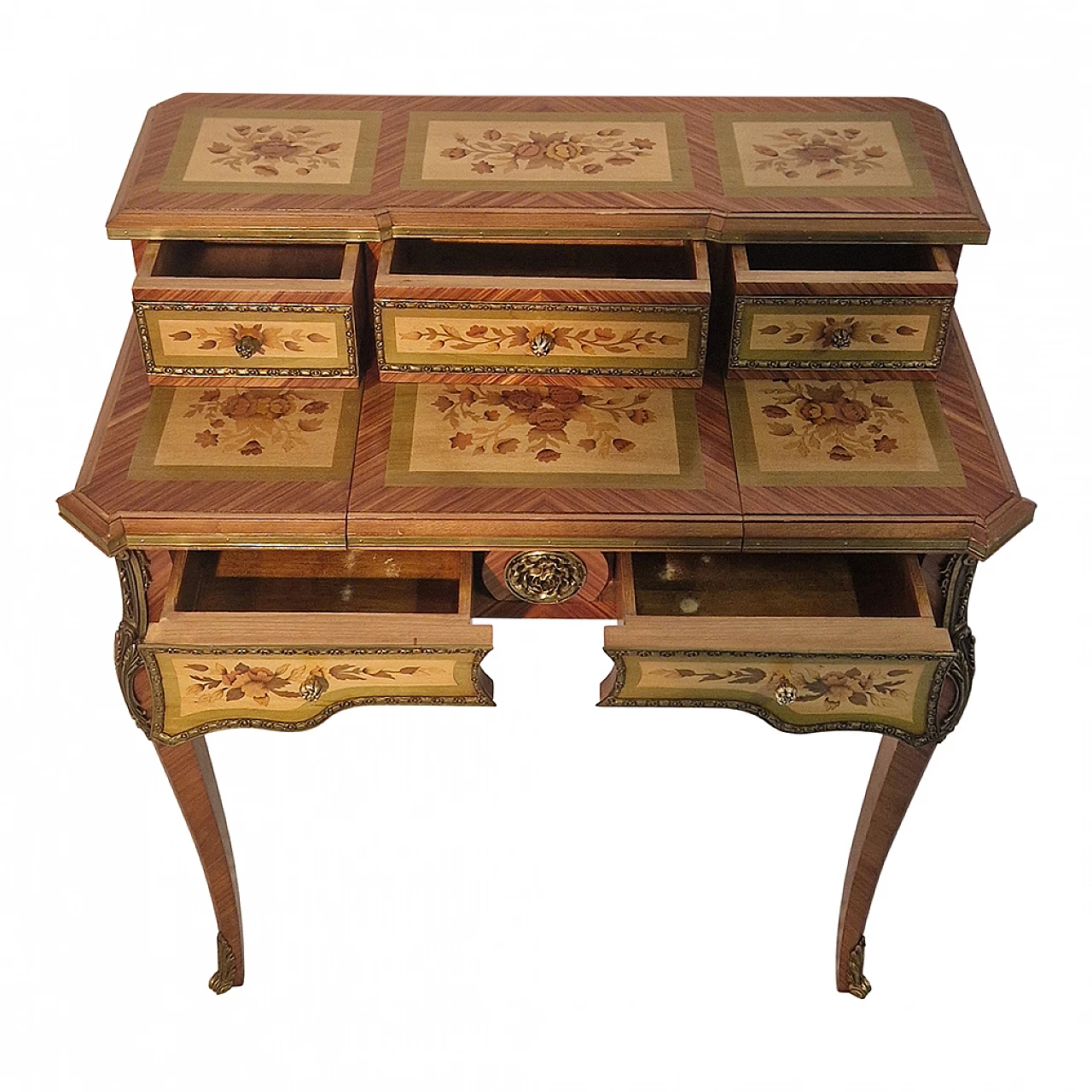 Louis XV style inlaid wood and bronze writing desk, 1960s 6