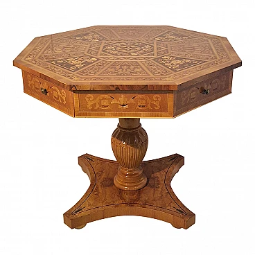 Octagonal walnut and walnut-root table with inlays, 1980s