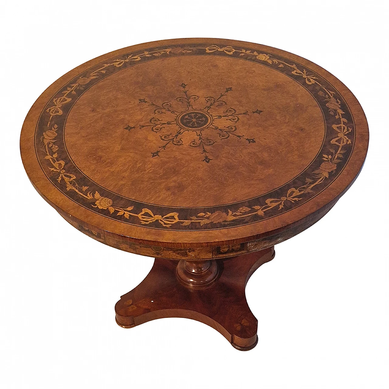 Round table inlaid in walnut and walnut briar, 1940s 4