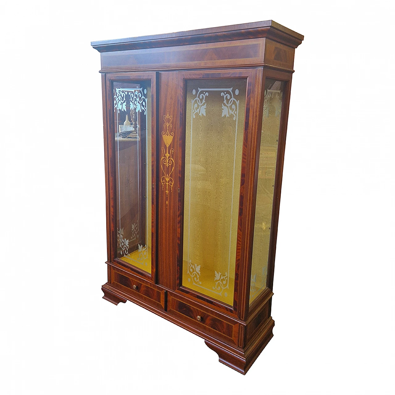 Mahogany feather display cabinet with inlays and engraved glass 2