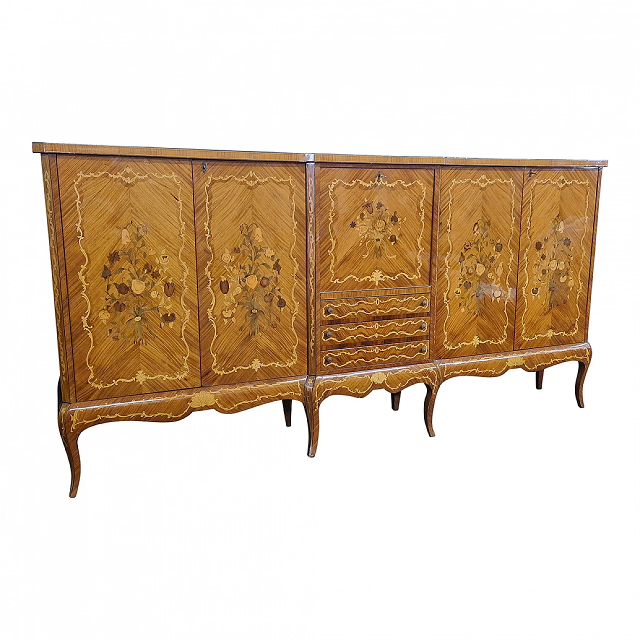 Walnut inlaid sideboard with stiletto legs, 1960s 2