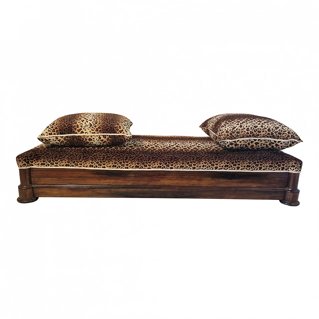 Walnut bench with two padded cushions in spotted fabric, 19th century 1