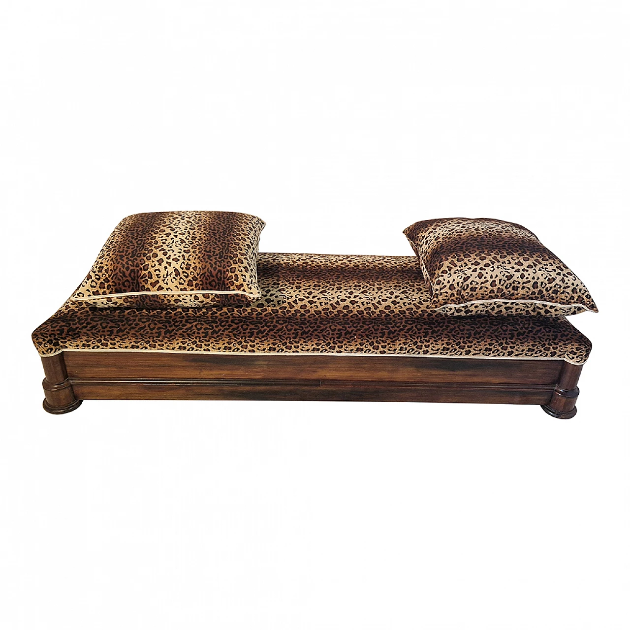 Walnut bench with two padded cushions in spotted fabric, 19th century 2