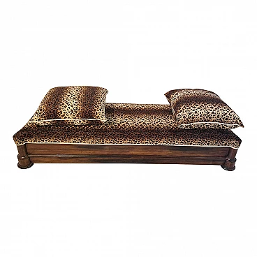 Walnut bench with two padded cushions in spotted fabric, 19th century