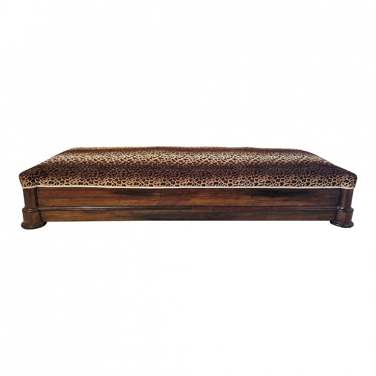 Walnut bench with two padded cushions in spotted fabric, 19th century 3