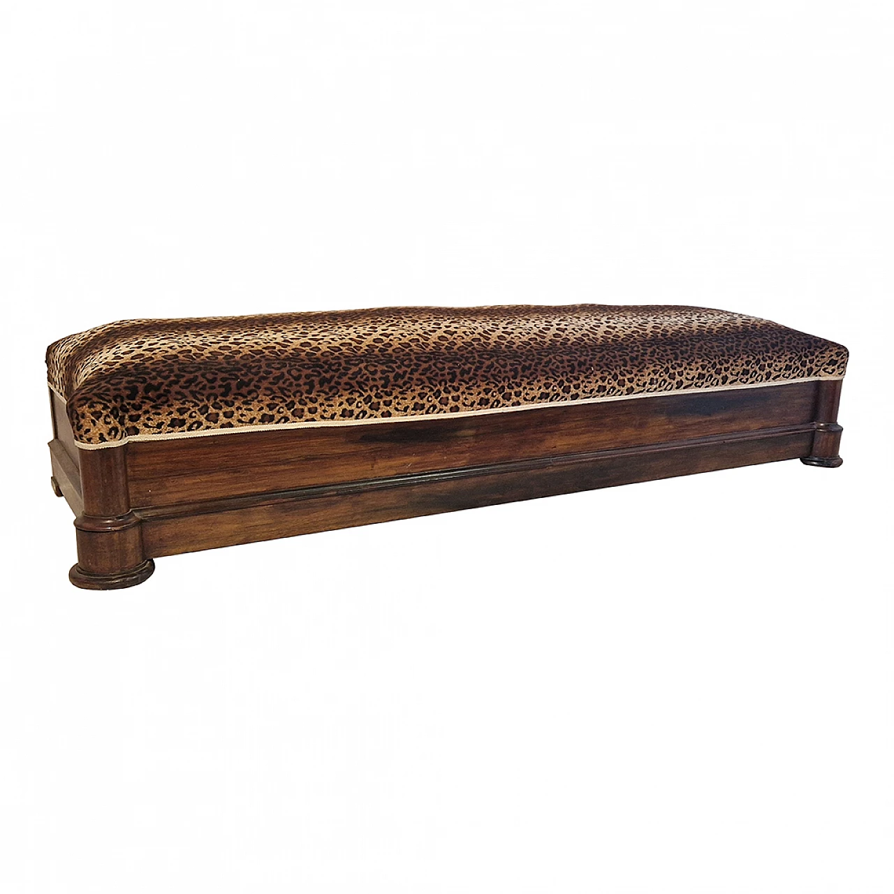 Walnut bench with two padded cushions in spotted fabric, 19th century 4