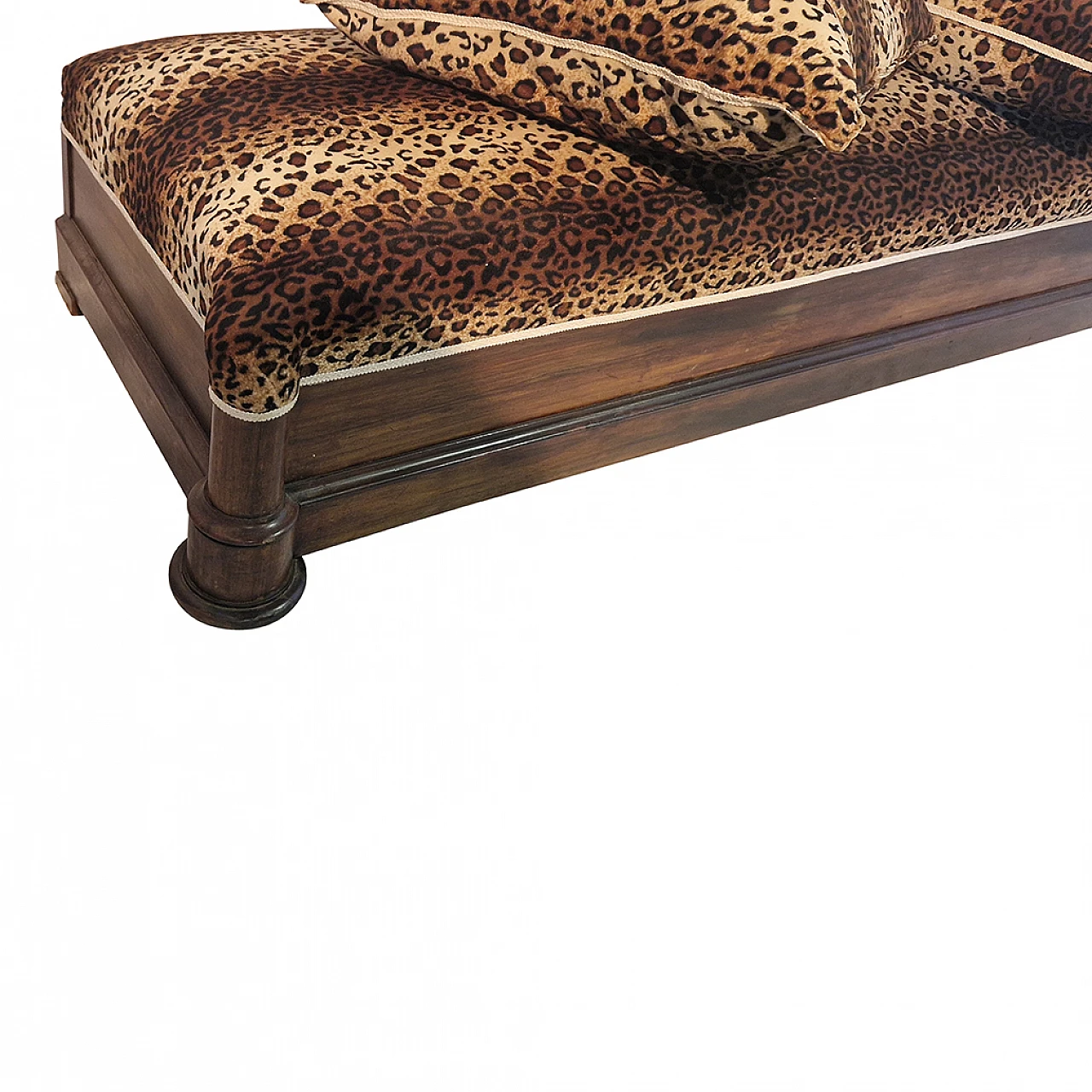 Walnut bench with two padded cushions in spotted fabric, 19th century 6