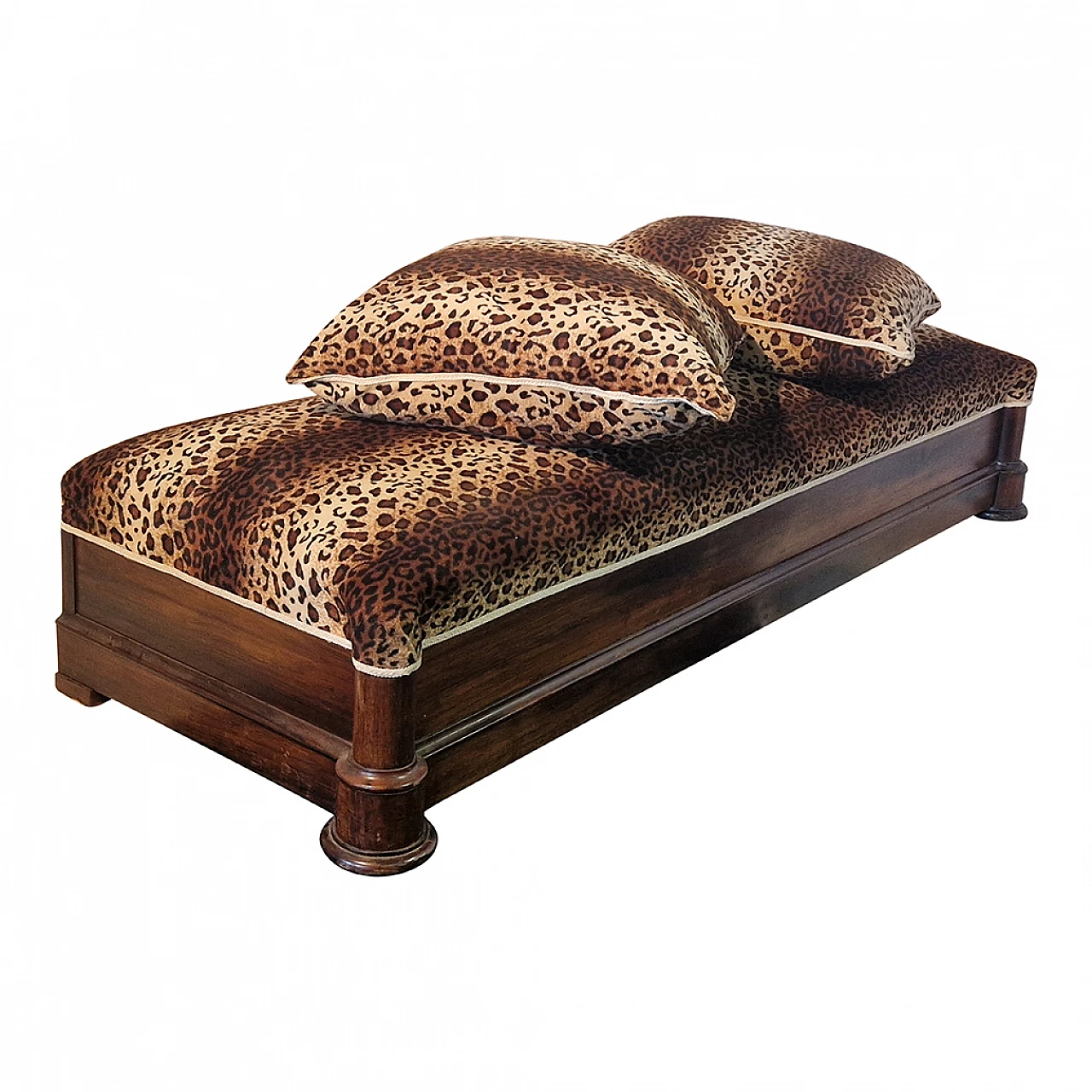 Walnut bench with two padded cushions in spotted fabric, 19th century 8