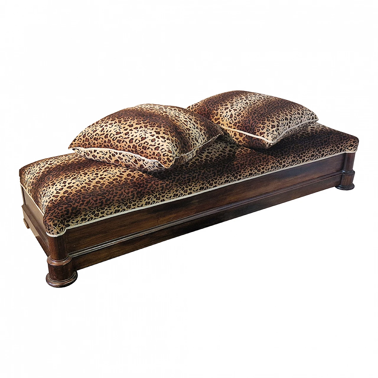 Walnut bench with two padded cushions in spotted fabric, 19th century 9