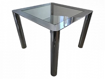 Square dining table in chromed metal and glass, 1960s