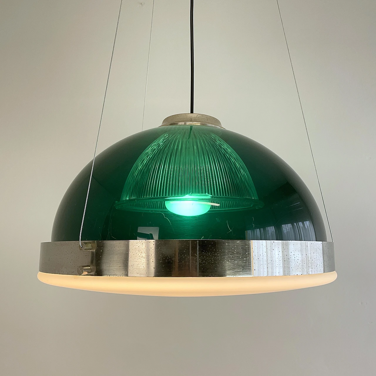 Green methacrylate and chromed metal hanging lamp, 1960s 2