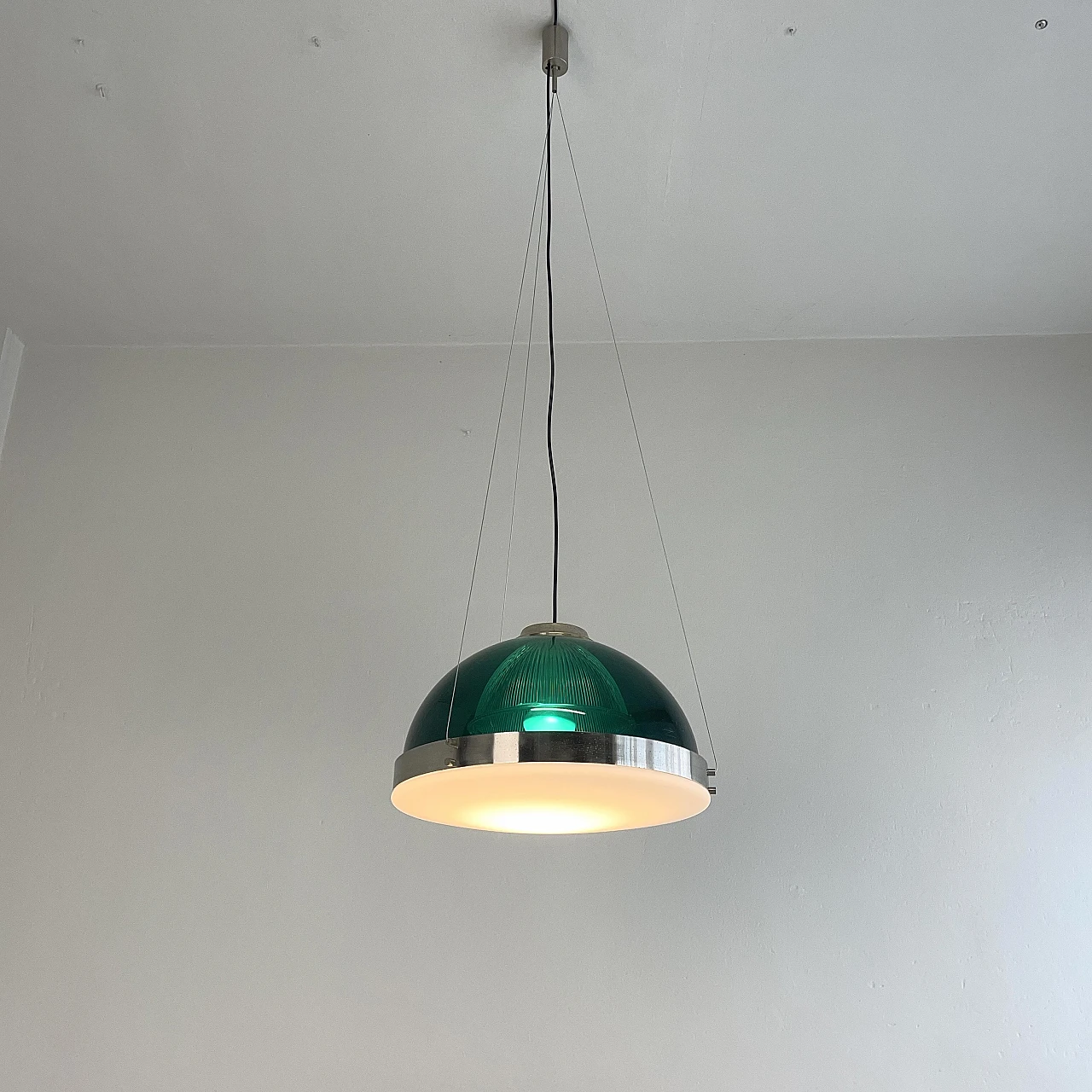 Green methacrylate and chromed metal hanging lamp, 1960s 3