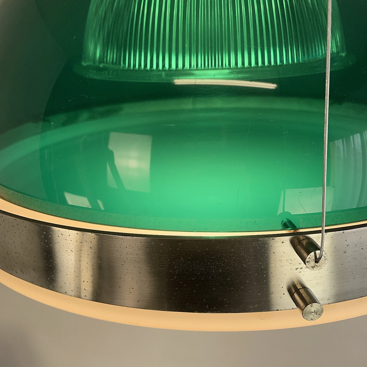 Green methacrylate and chromed metal hanging lamp, 1960s 7