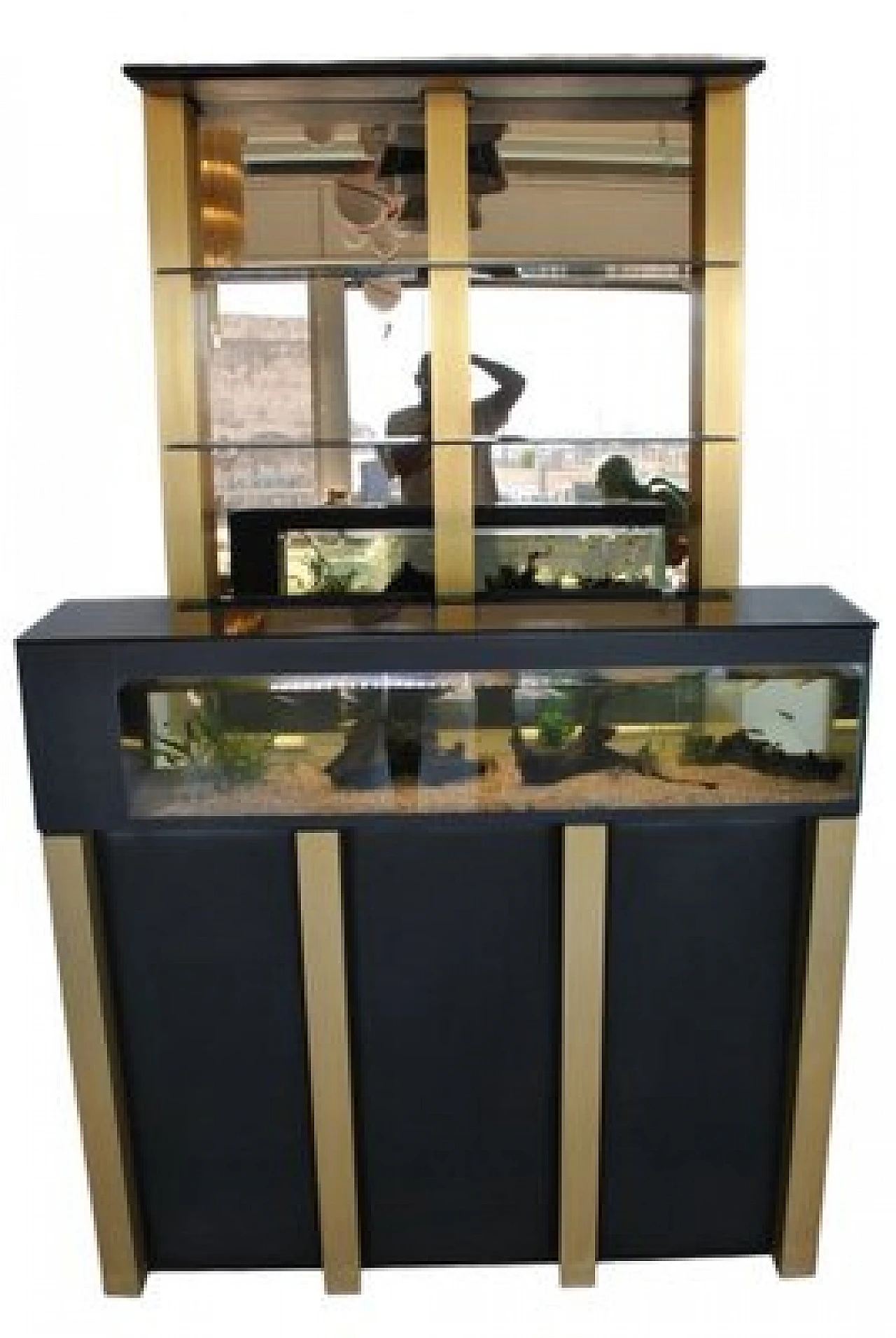 Wooden bar cabinet with aquarium and mirrored shelf, 1970s 1