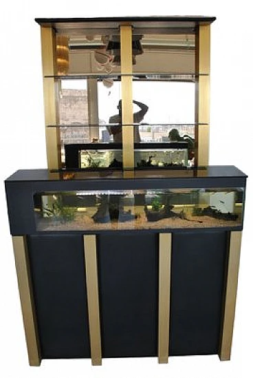Wooden bar cabinet with aquarium and mirrored shelf, 1970s