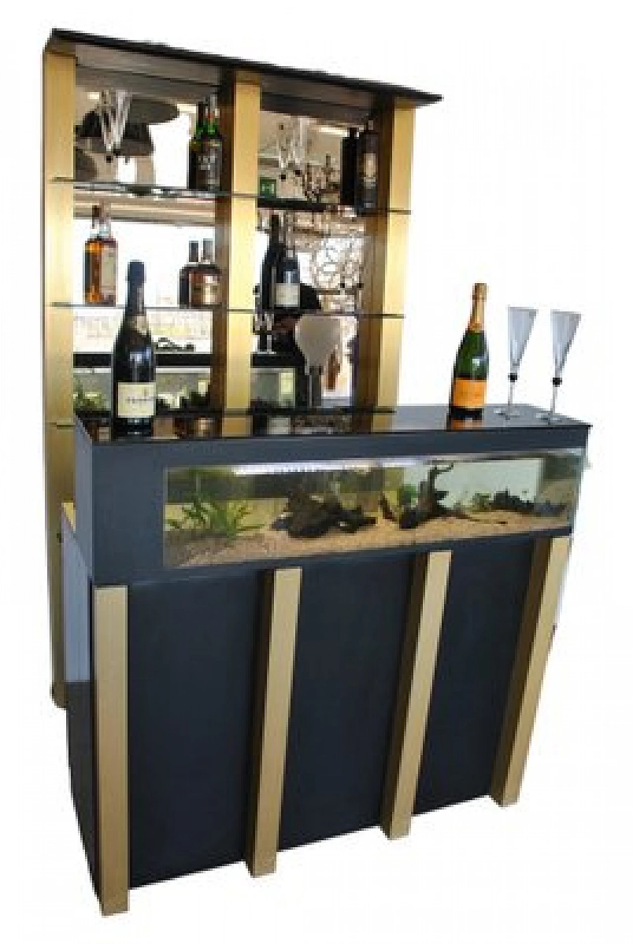 Wooden bar cabinet with aquarium and mirrored shelf, 1970s 9
