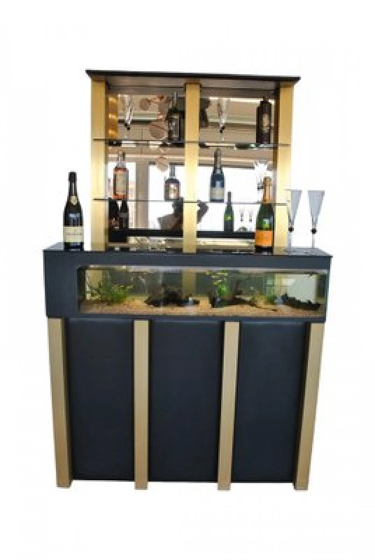 Wooden bar cabinet with aquarium and mirrored shelf, 1970s 10