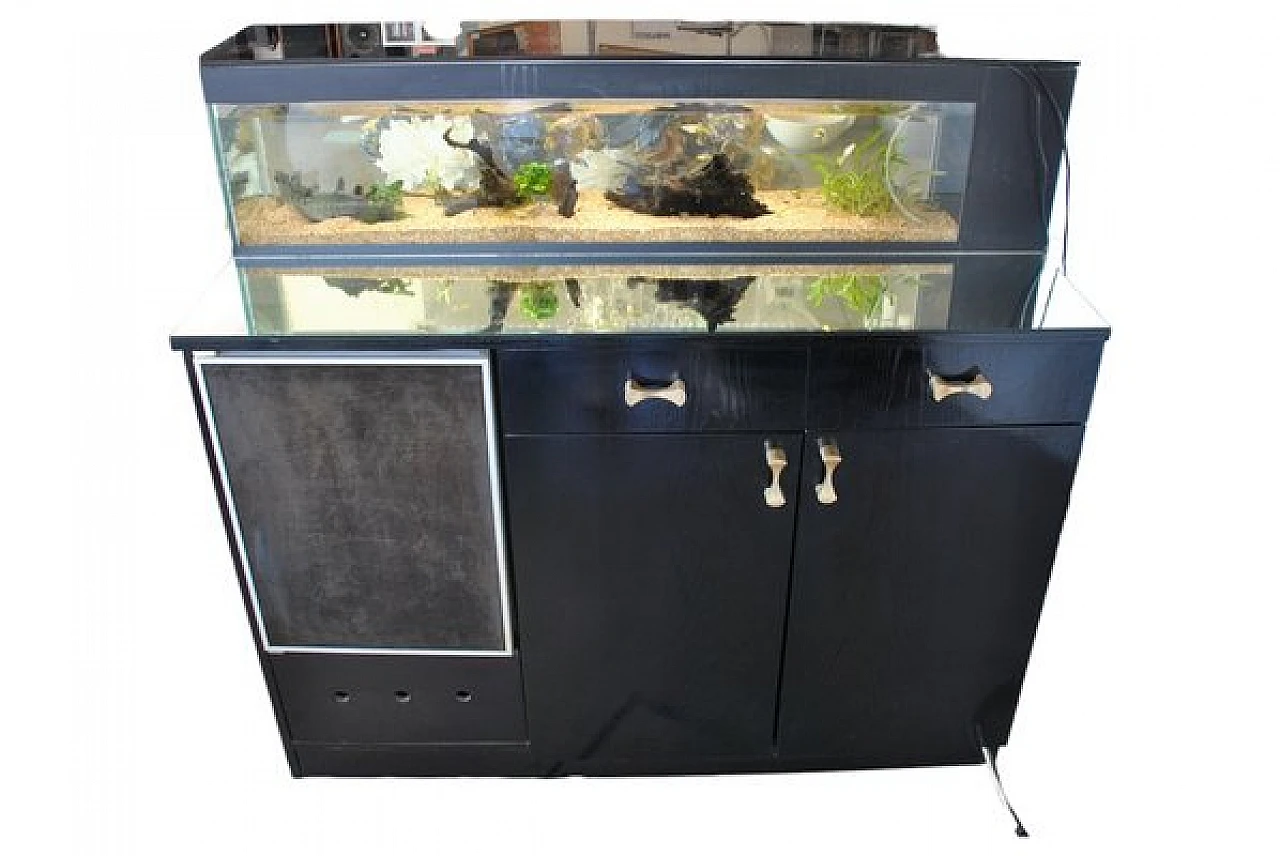 Wooden bar cabinet with aquarium and mirrored shelf, 1970s 11