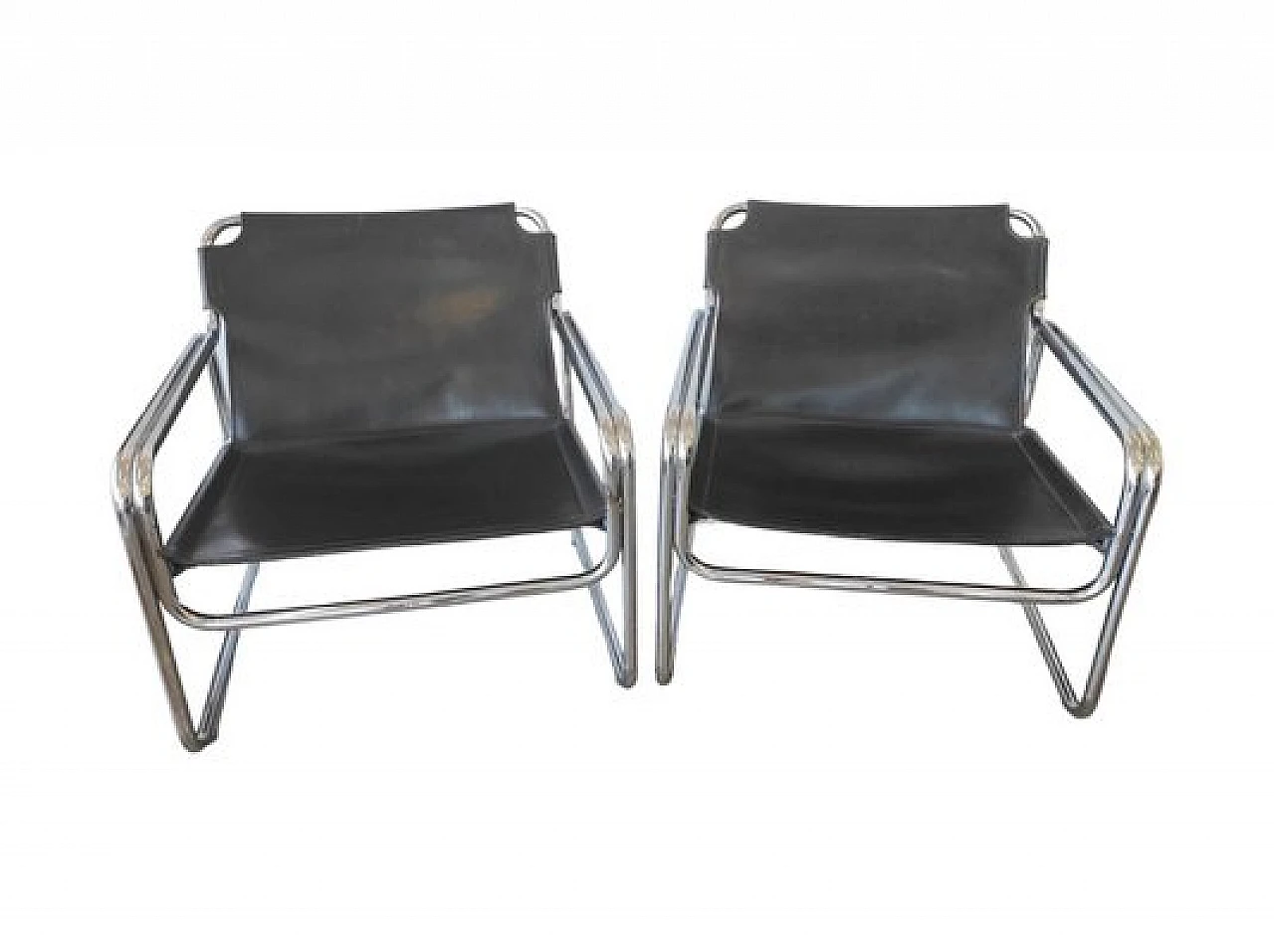 Pair of black leather and chromed metal armchairs, 1970s 1