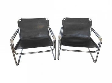 Pair of black leather and chromed metal armchairs, 1970s