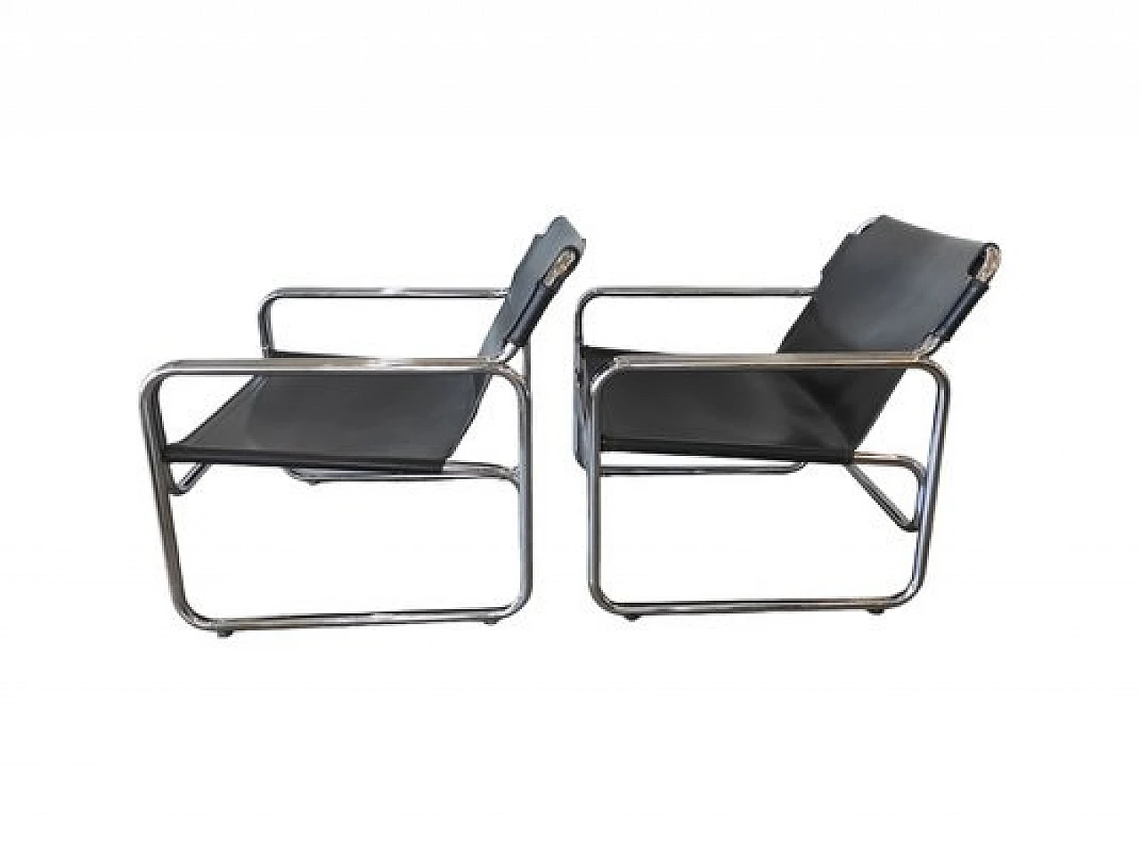 Pair of black leather and chromed metal armchairs, 1970s 2
