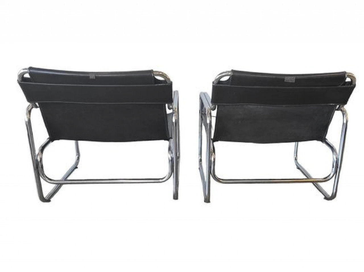 Pair of black leather and chromed metal armchairs, 1970s 3