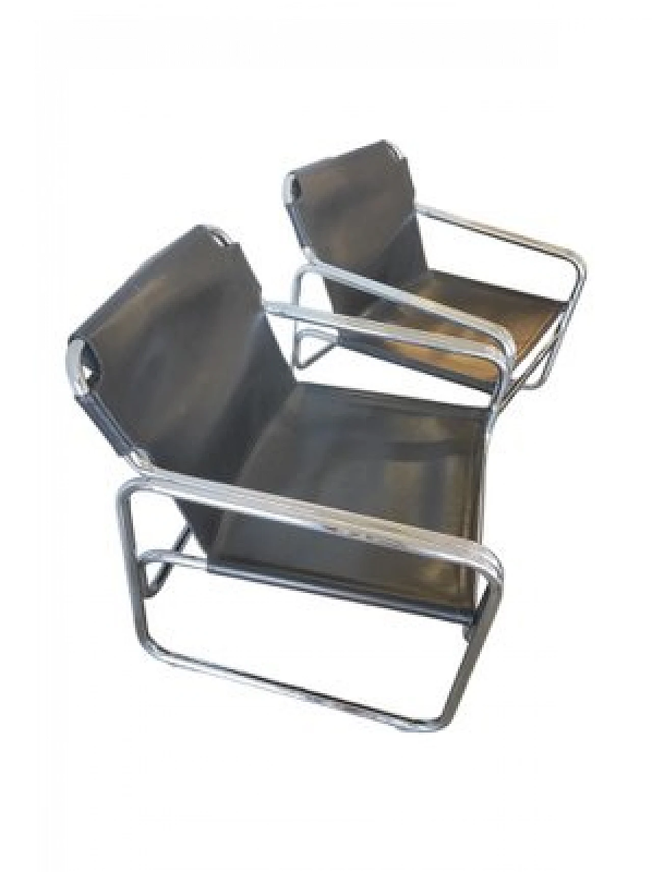 Pair of black leather and chromed metal armchairs, 1970s 4