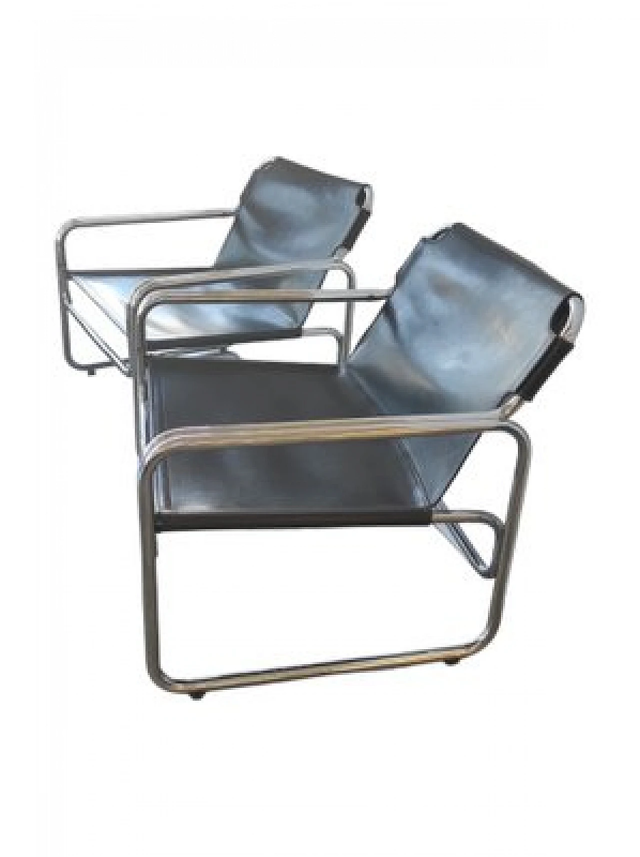 Pair of black leather and chromed metal armchairs, 1970s 5