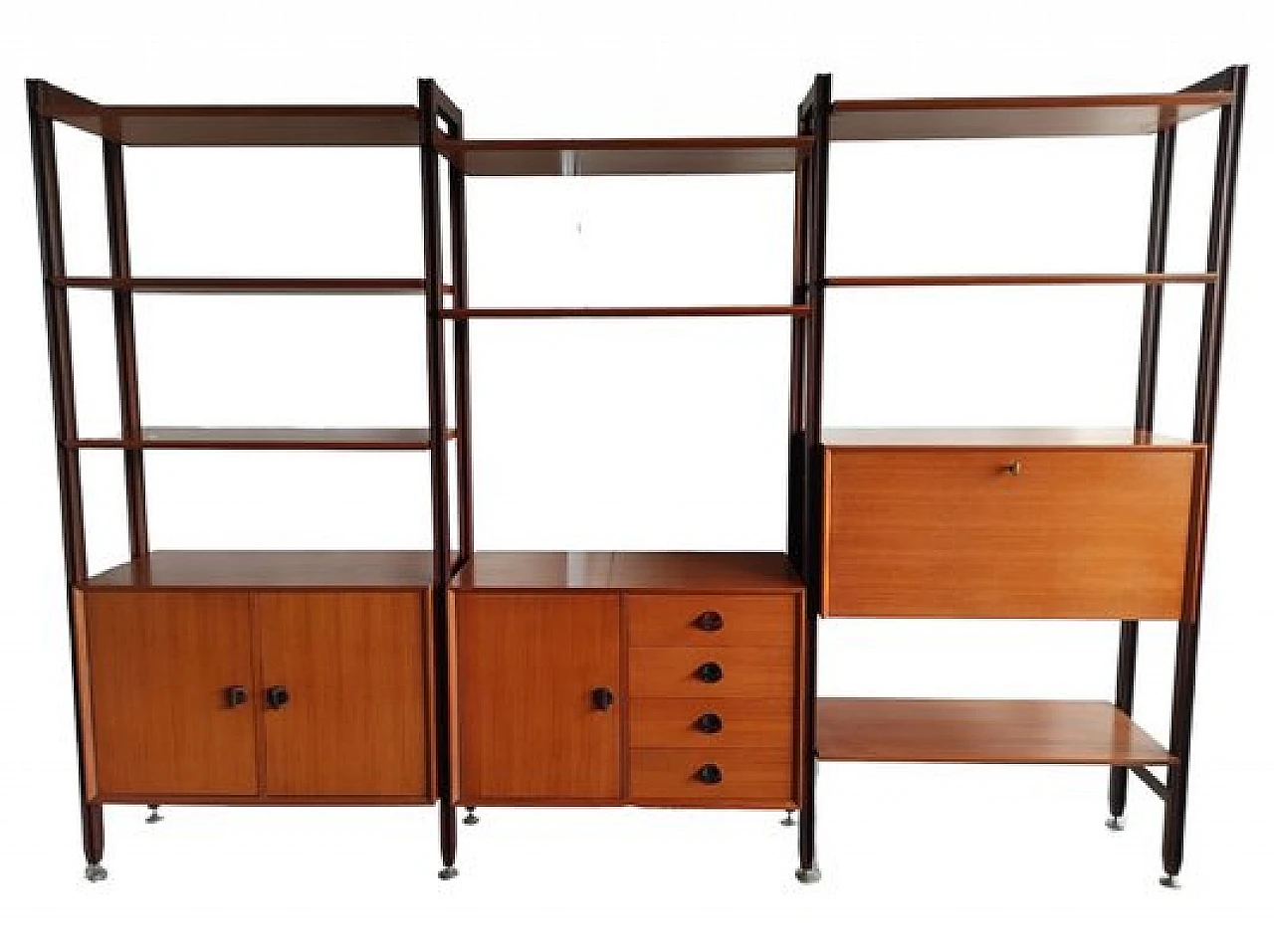 Teak bookcase with drawers & flap desk by George Coslin, 1960s 1