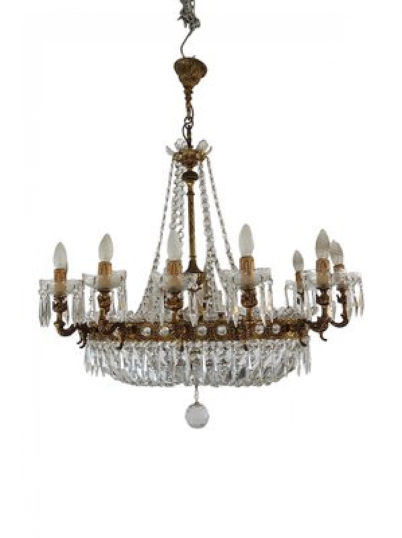Pair of oval hot air balloon chandeliers in brass & crystal, 1950s 1