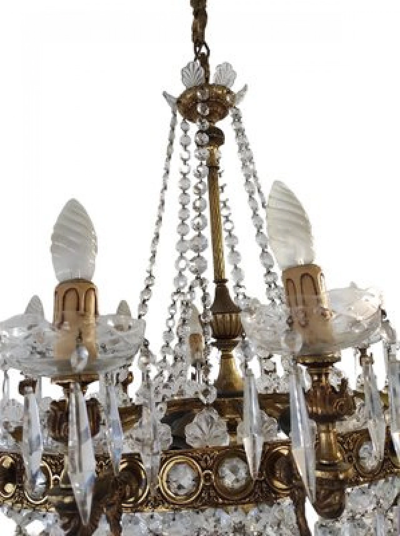 Pair of oval hot air balloon chandeliers in brass & crystal, 1950s 2