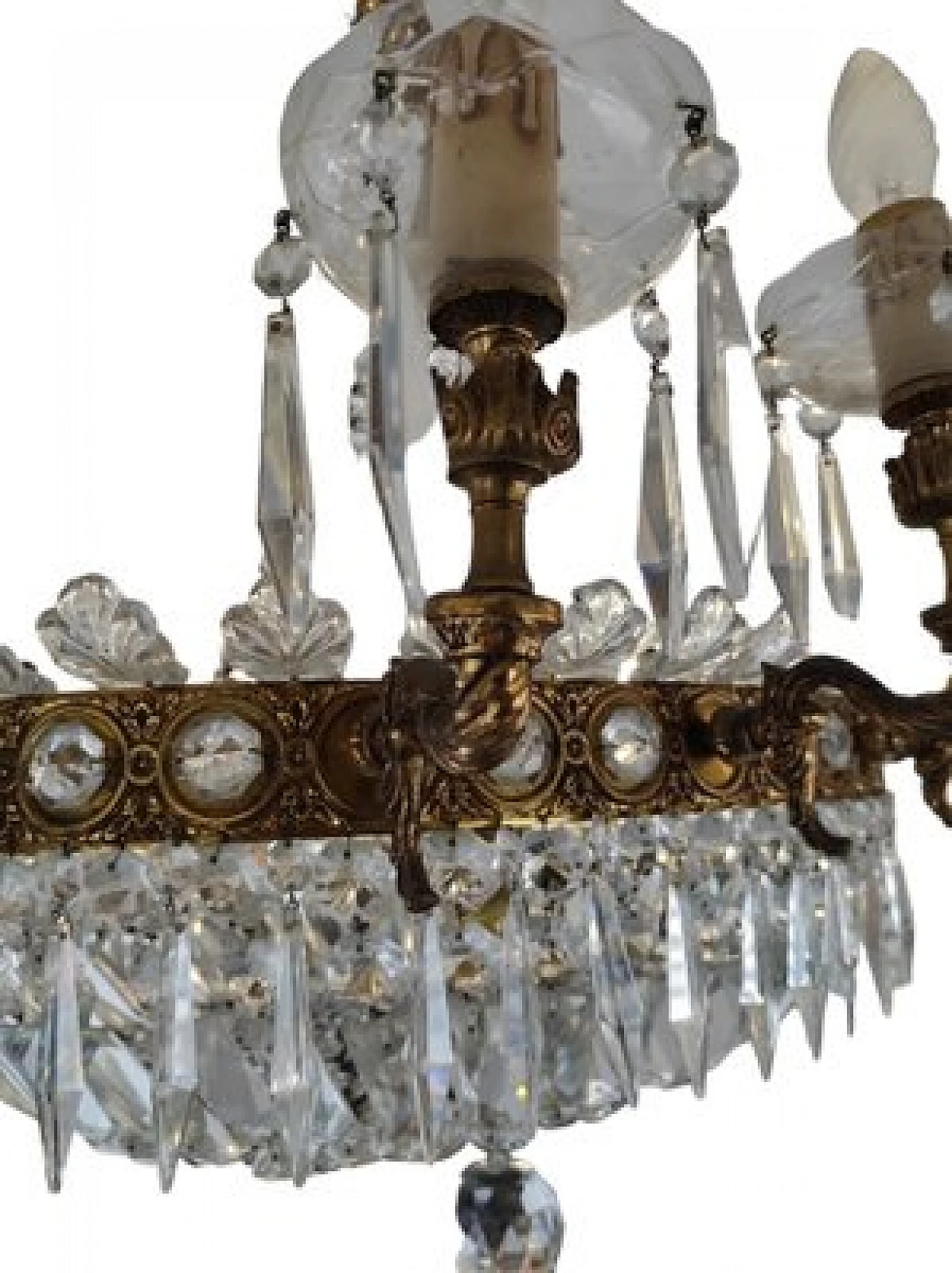 Pair of oval hot air balloon chandeliers in brass & crystal, 1950s 3