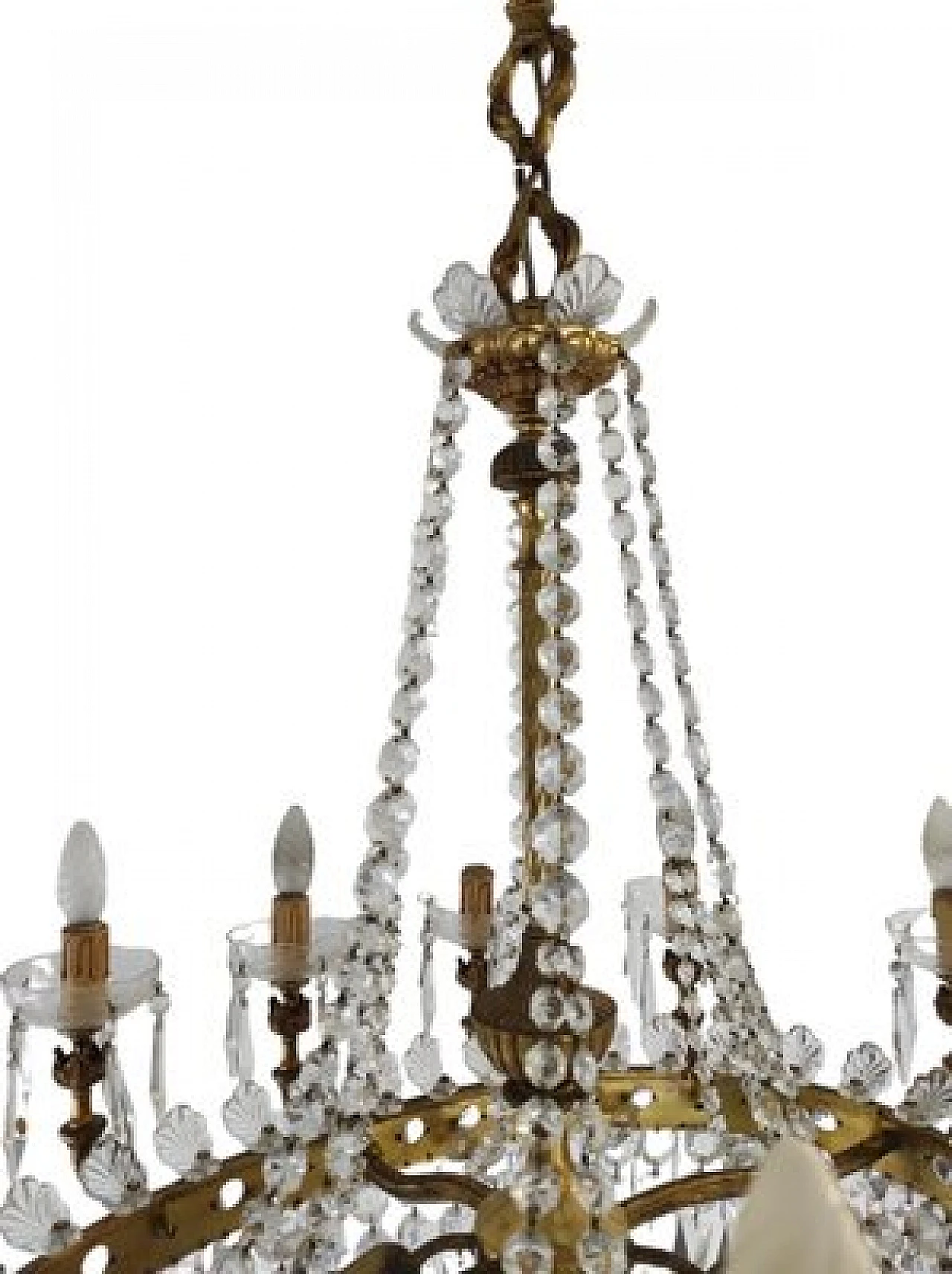 Pair of oval hot air balloon chandeliers in brass & crystal, 1950s 6