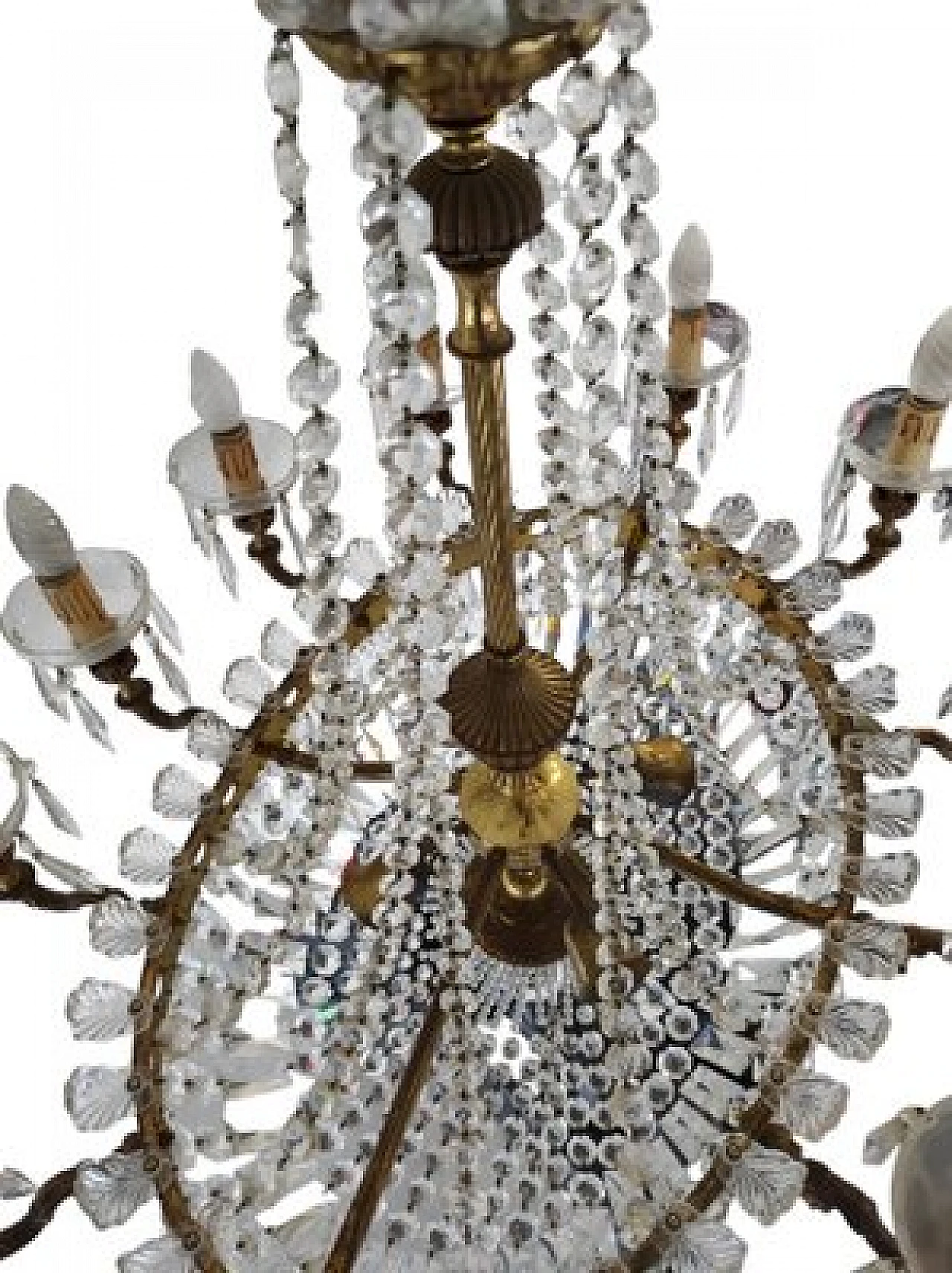 Pair of oval hot air balloon chandeliers in brass & crystal, 1950s 7