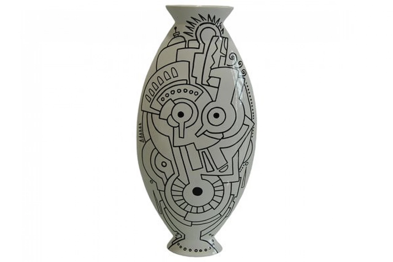 White ceramic vase with black drawings by A. Guerriero, 2000s 1