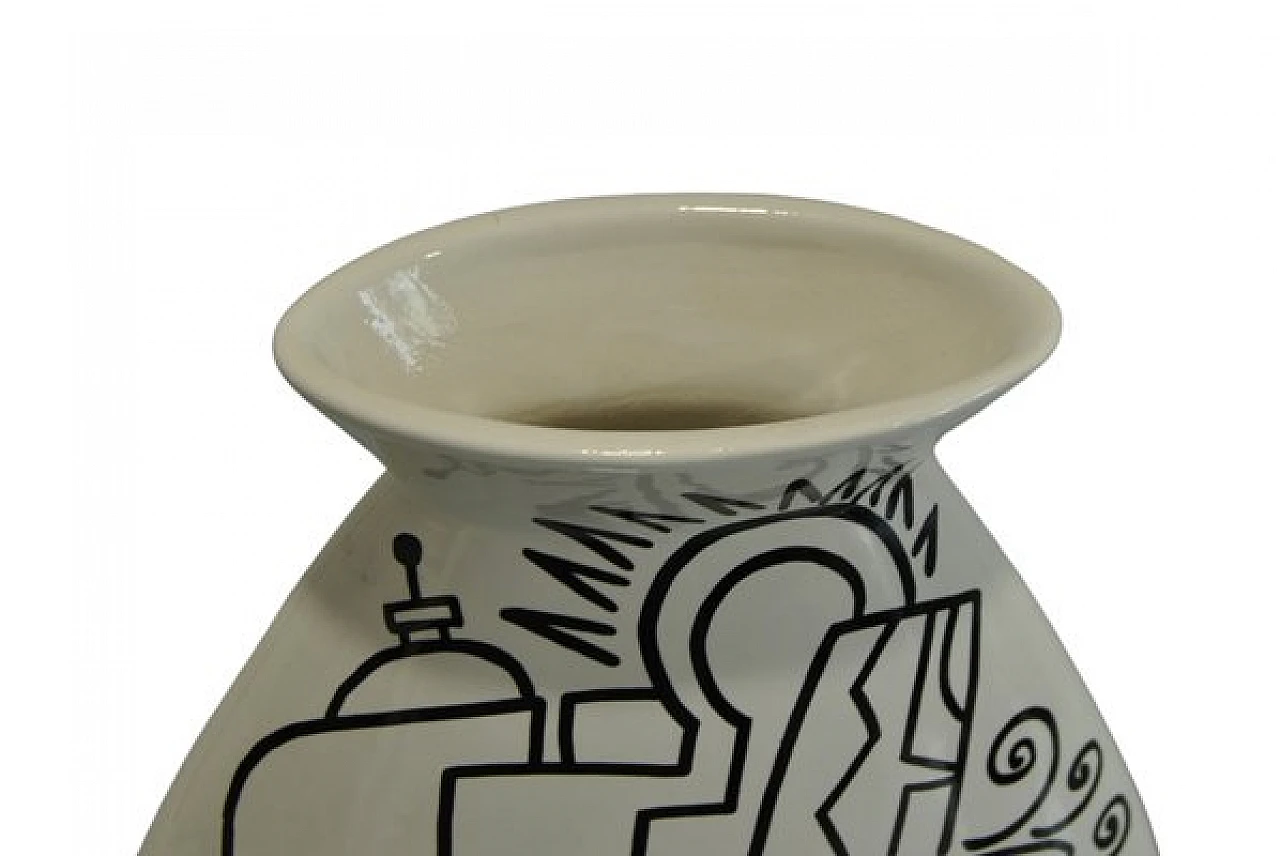 White ceramic vase with black drawings by A. Guerriero, 2000s 4