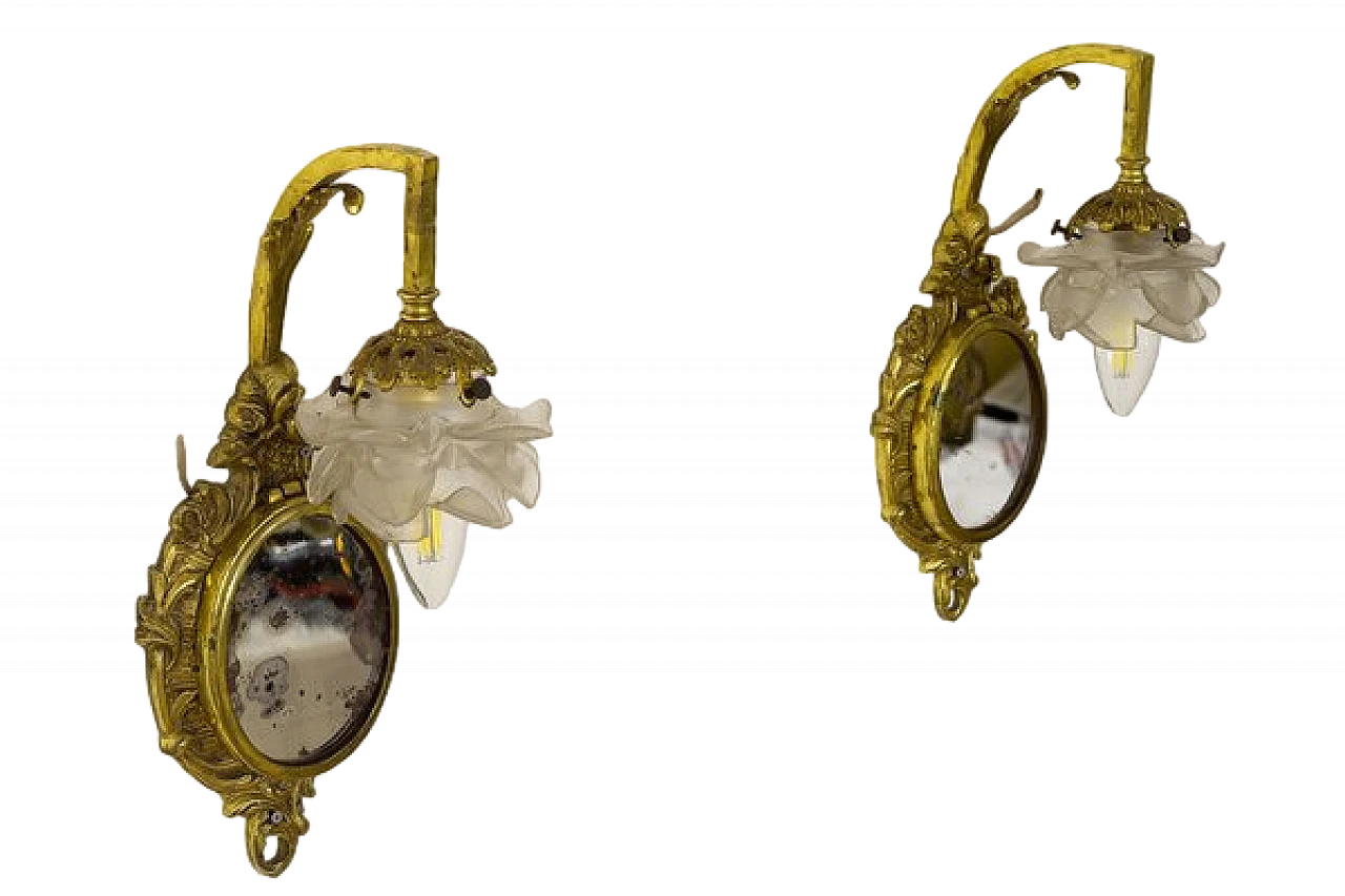 Pair of Louis XVI style brass and glass wall lights, 1920s 10