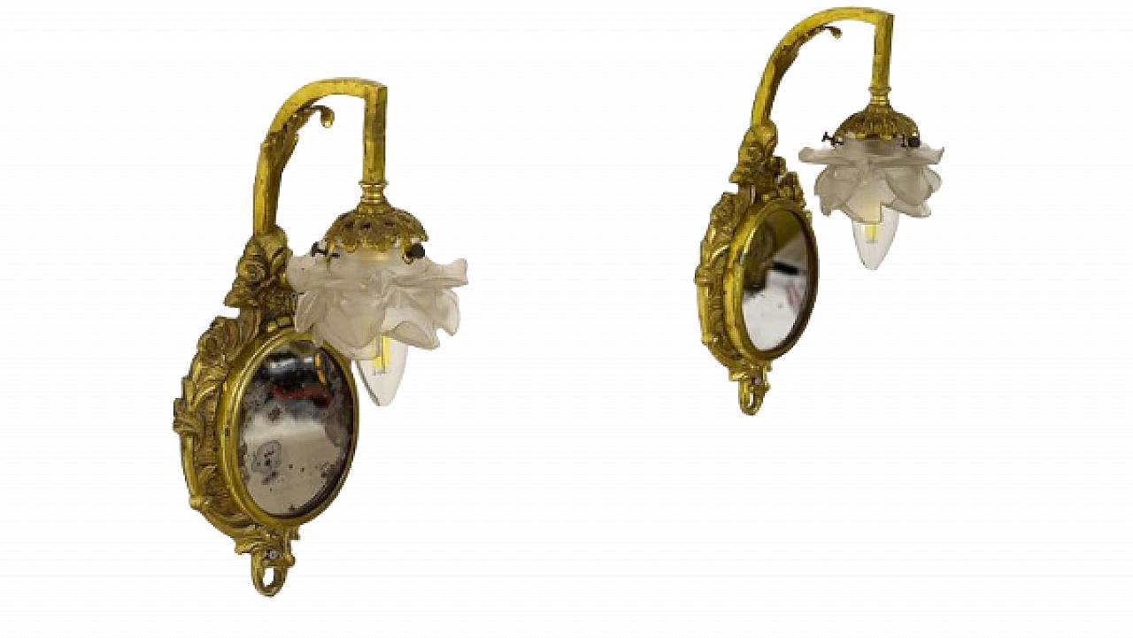 Pair of Louis XVI style brass and glass wall lights, 1920s 11